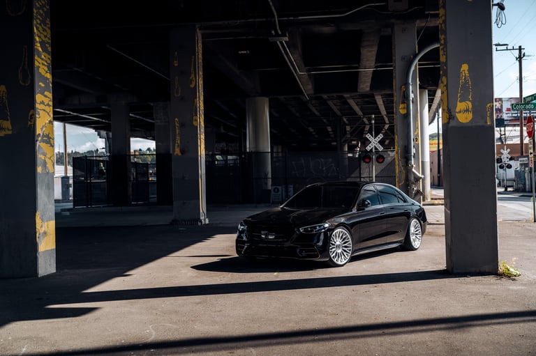 Seattle, WA, USA October 19, 2025 Mercedes S580 parked outside showing the front under a bridge