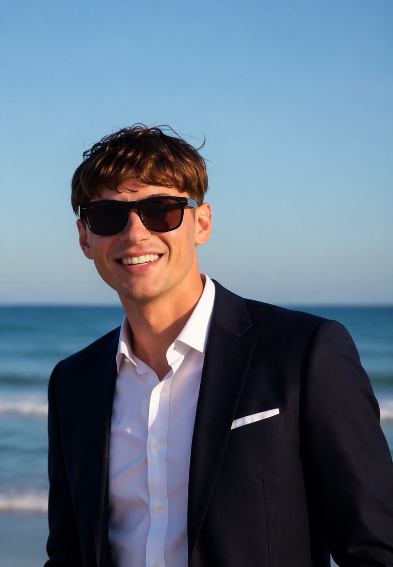 Man in black blazer and sunglasses smiling at the beach with ocean in background
