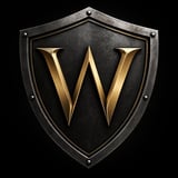 Medieval shield emblem with gold letter W on dark metal background